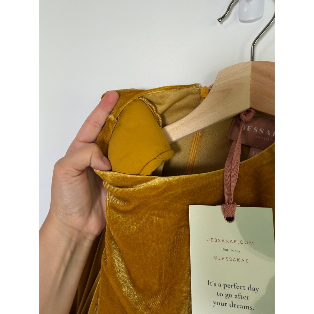 Jessakae Gold Velvet Draped Mini Dress Long Sleeve Mustard Womens 1XL NEW - Picture 7 of 11